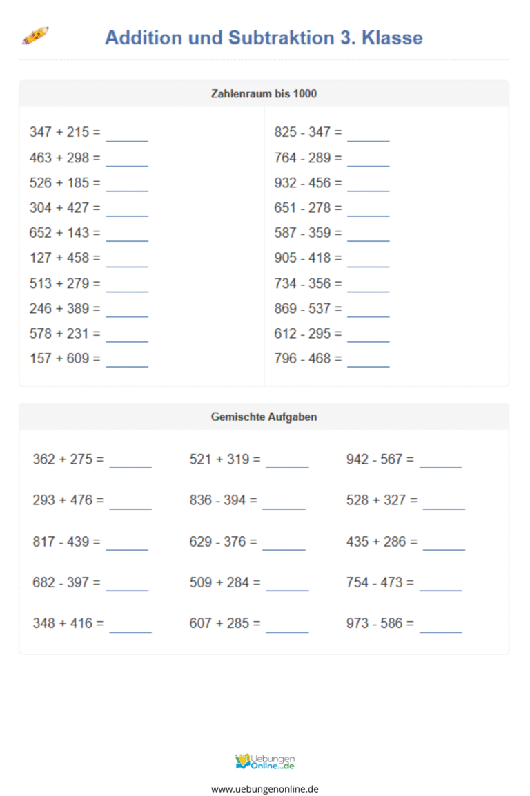 Addition und Subtraktion 3. Klasse – Kostenlose Mathe