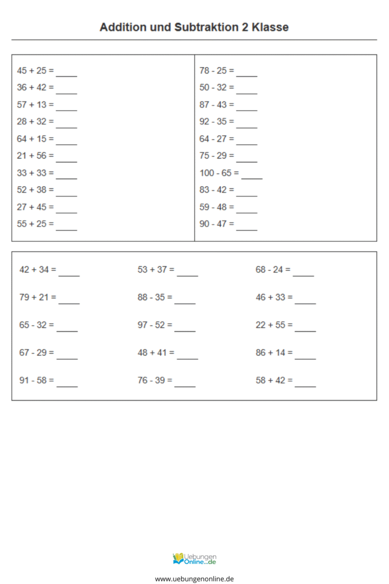Addition und Subtraktion Klasse 2 - Zahlenraum bis 100