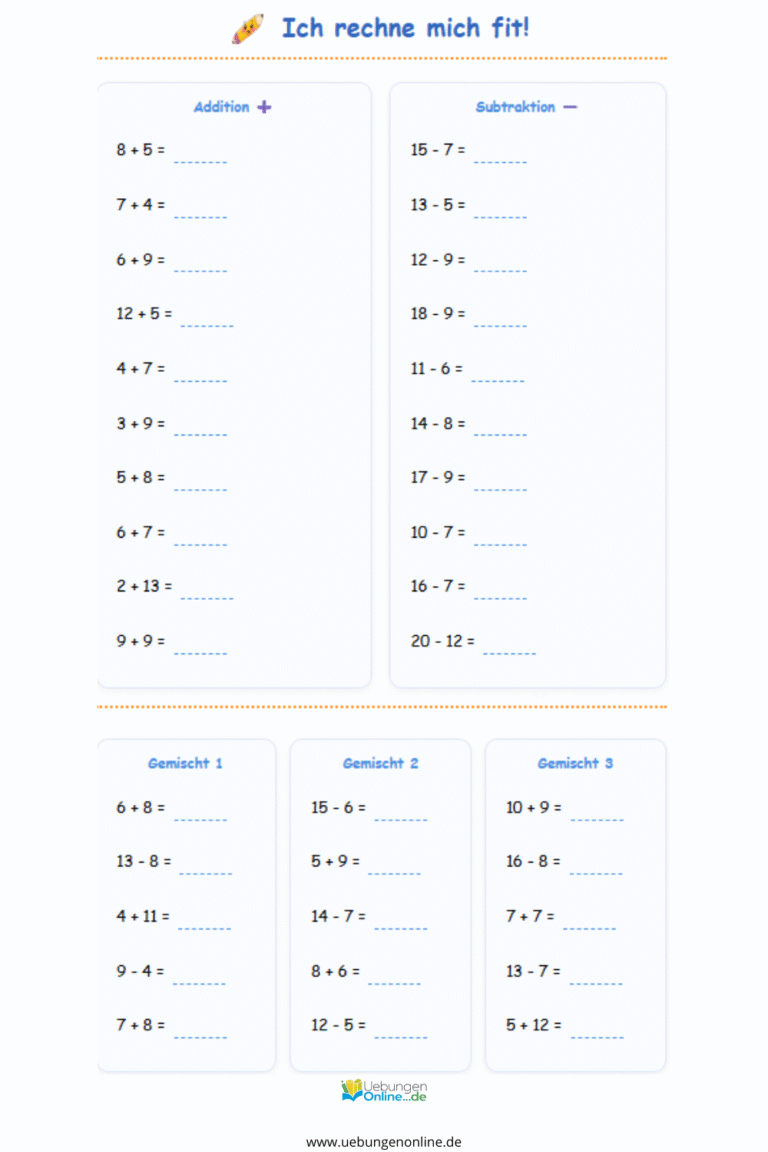 Addition und Subtraktion 1. Klasse – Kostenlose Mathe Arbeitsblätter PDF