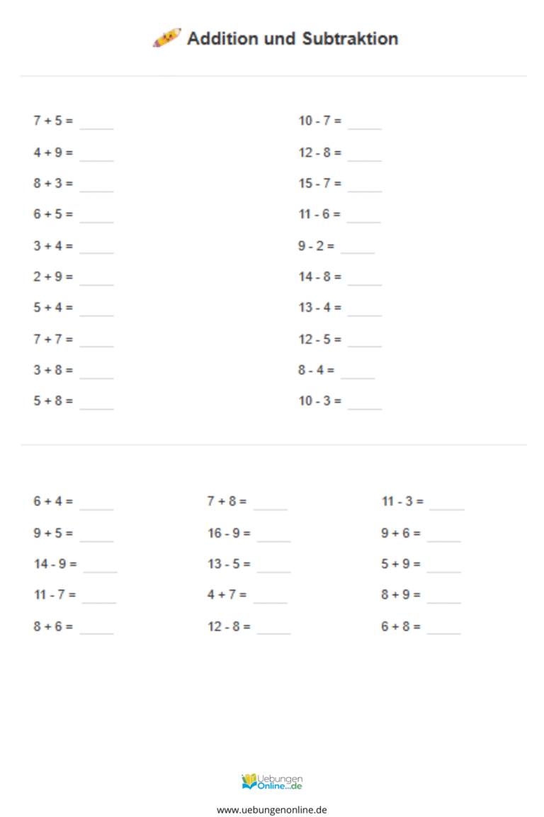 Addition und Subtraktion 1. Klasse – Kostenlose Mathe Arbeitsblätter PDF