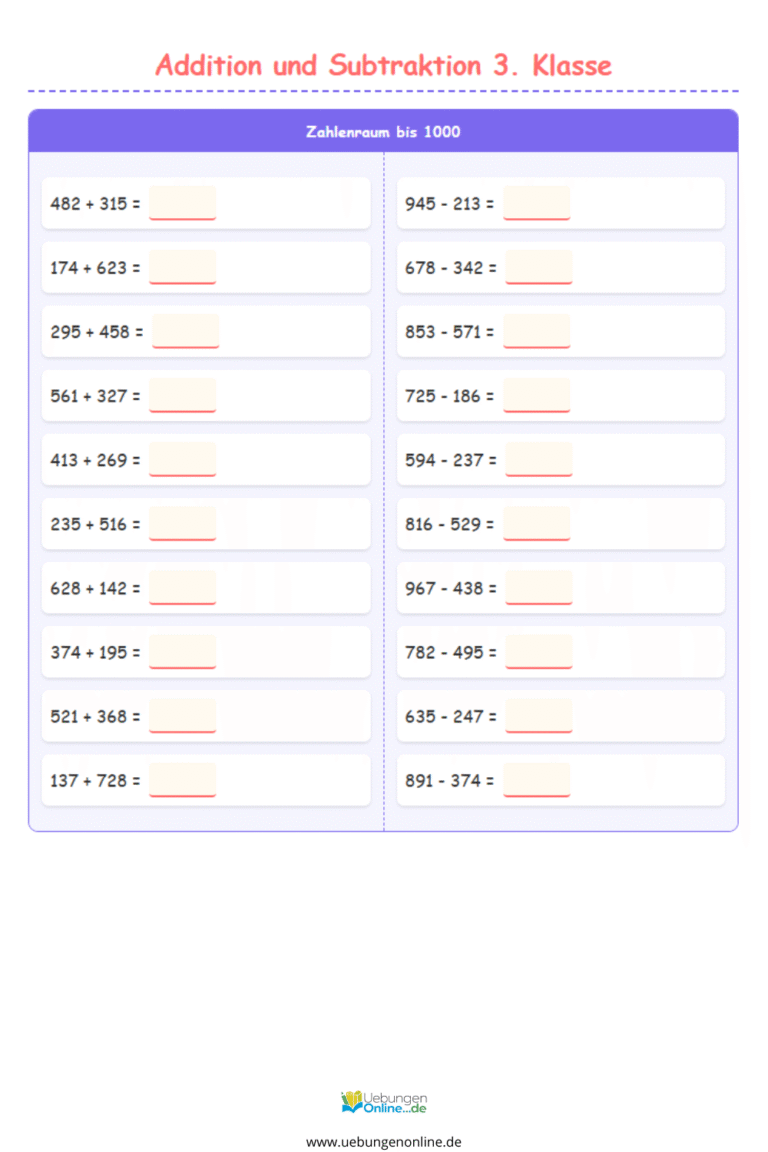 Addition und Subtraktion 3. Klasse – Kostenlose Mathe