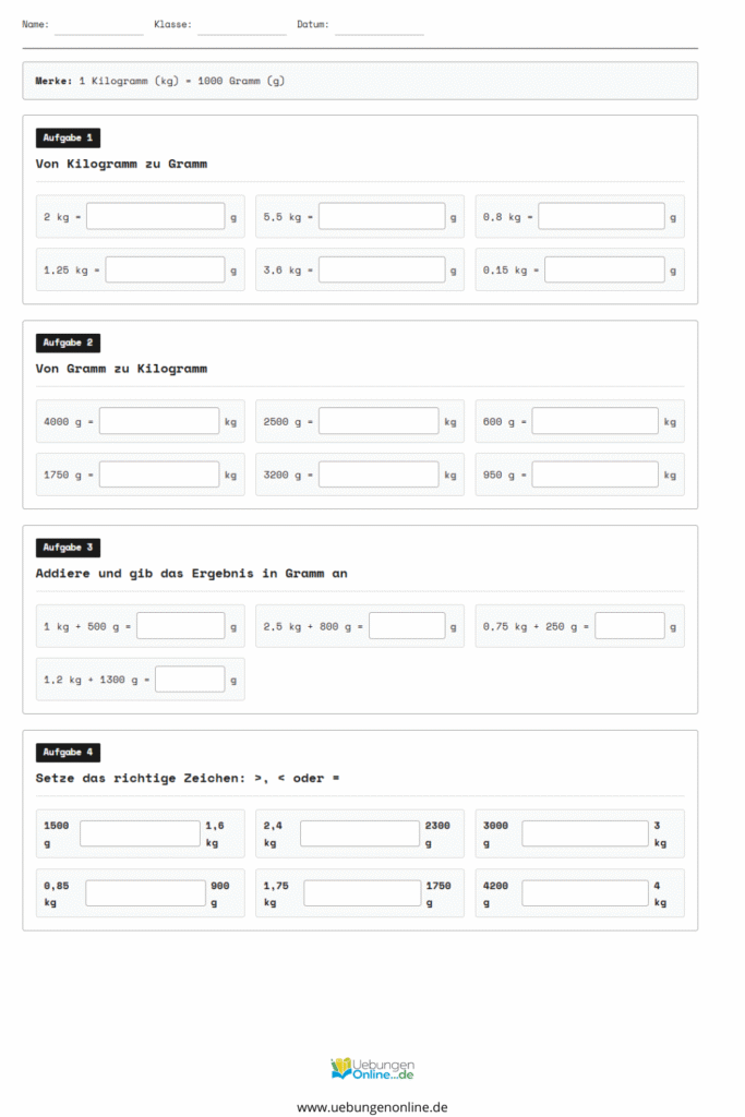 4 klasse gewichte umrechnen arbeitsblatt pdf