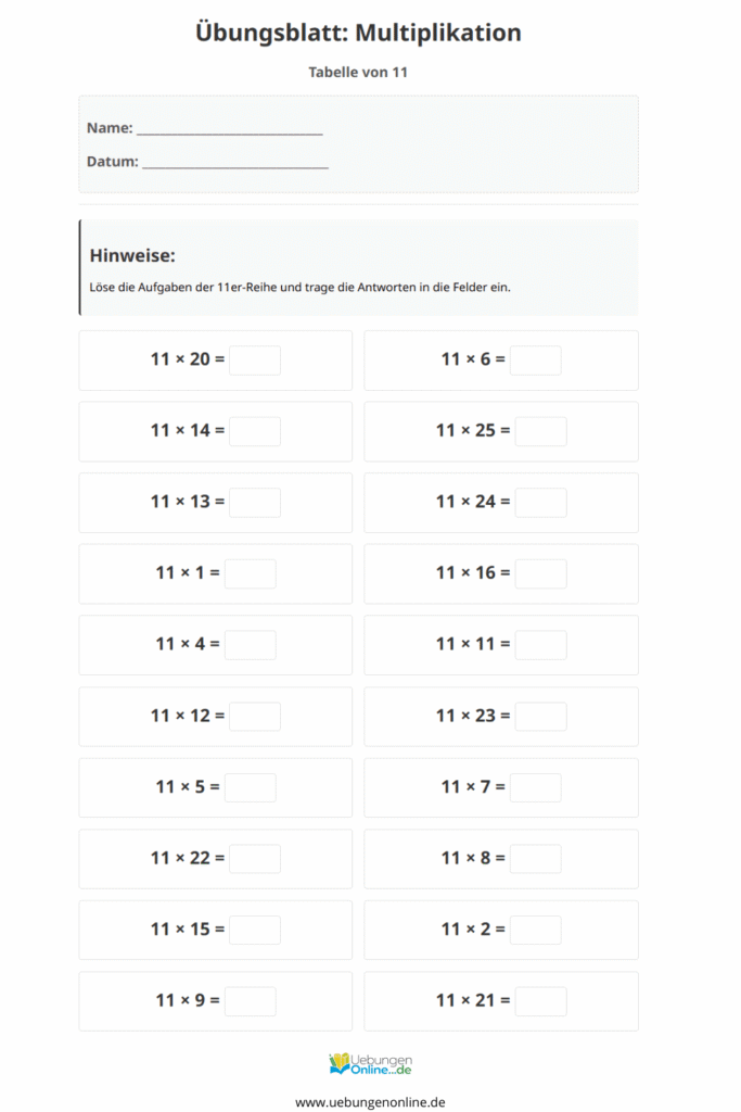 einmaleins 11er reihe