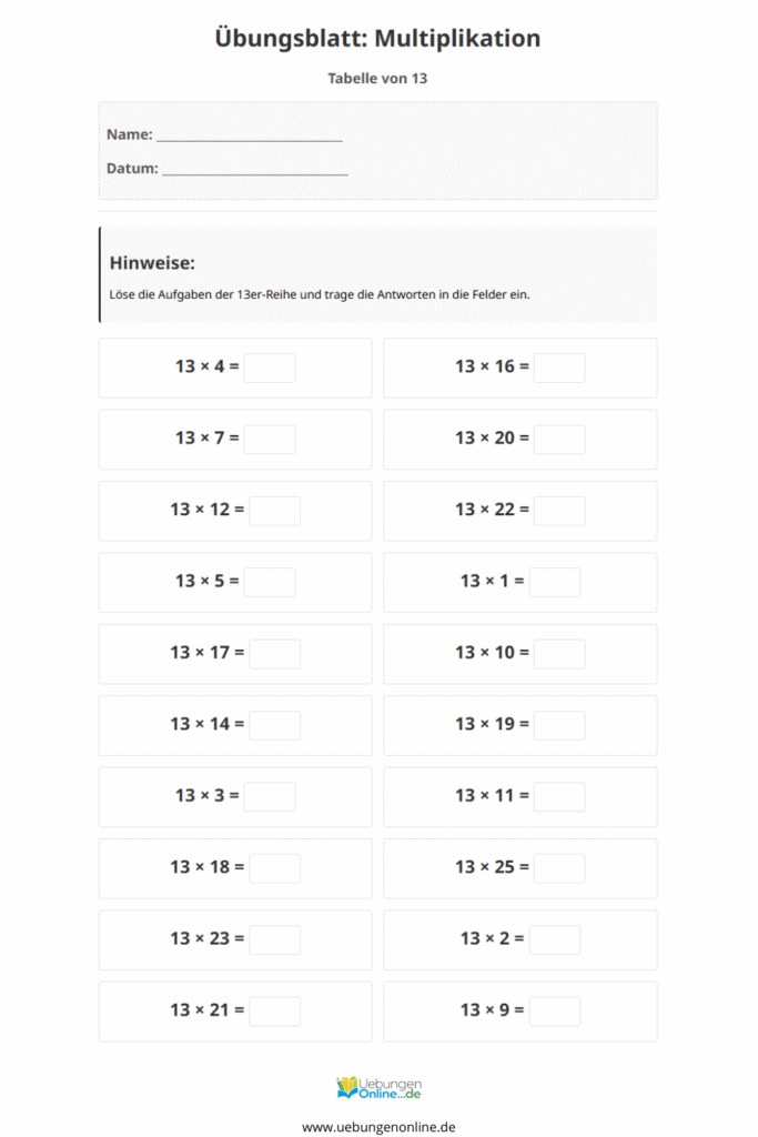 einmaleins 13er reihe