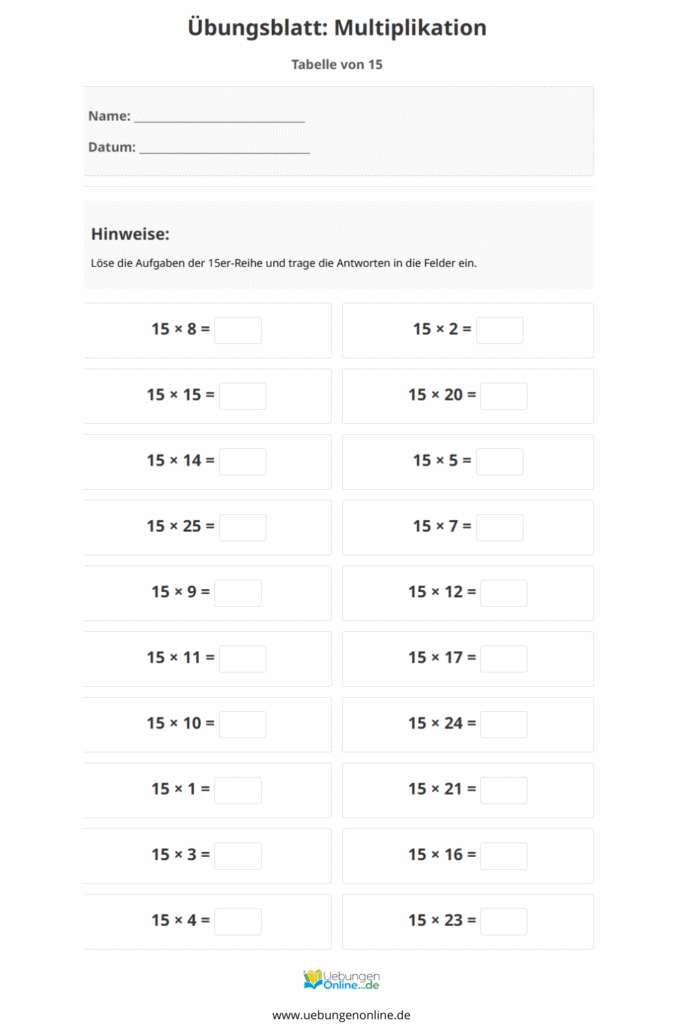 einmaleins 15er reihe