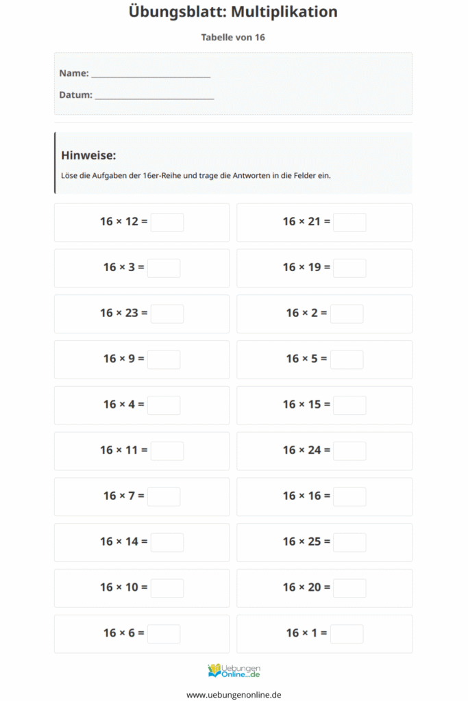 einmaleins 16er reihe