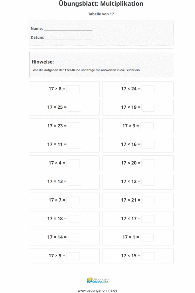 einmaleins 17er reihe