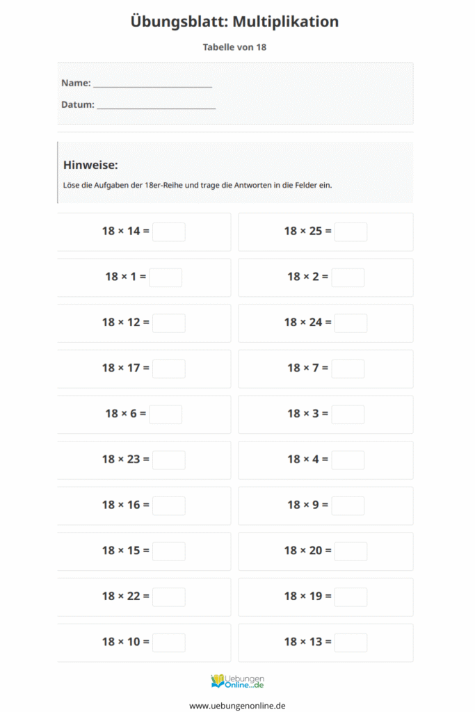 einmaleins 18er reihe