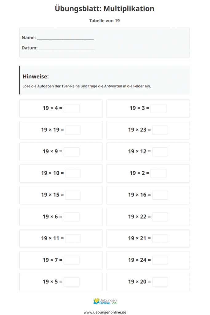 einmaleins 19er reihe