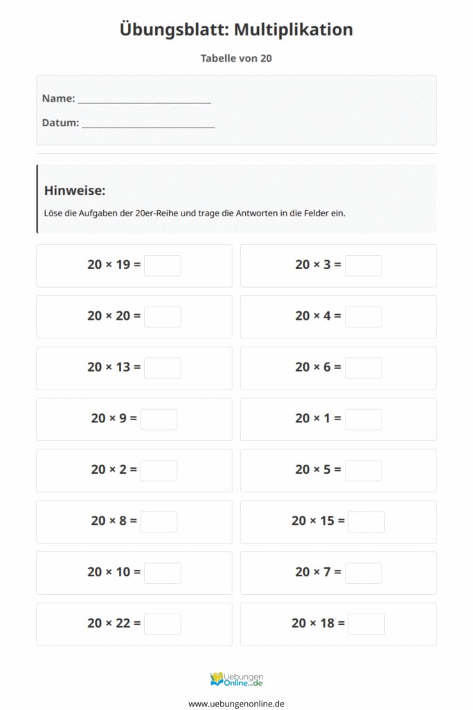 einmaleins 20er reihe
