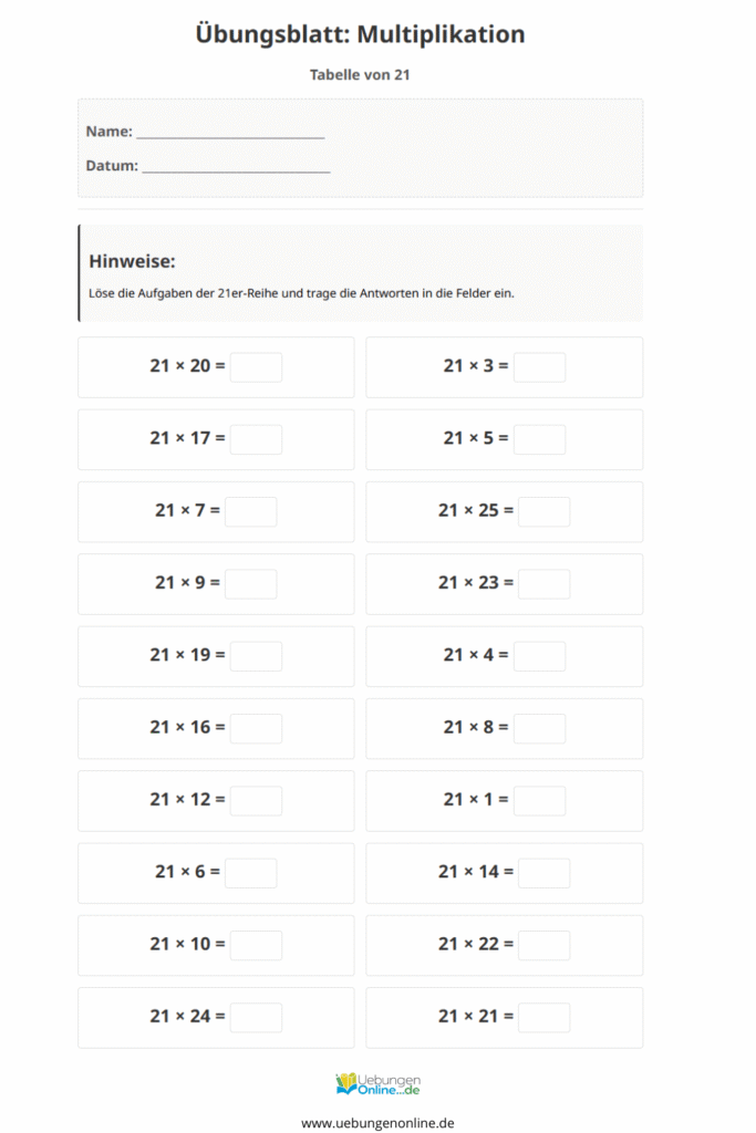einmaleins 21er reihe