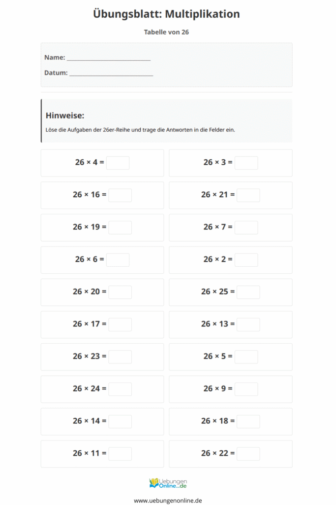 einmaleins 26er reihe