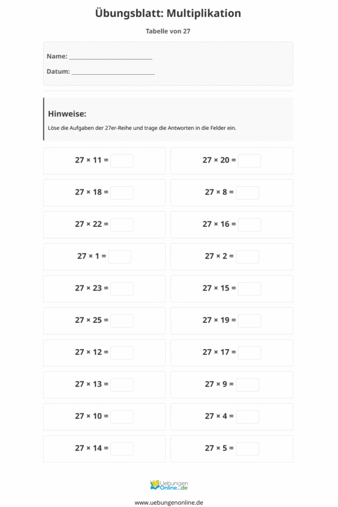 einmaleins 27er reihe