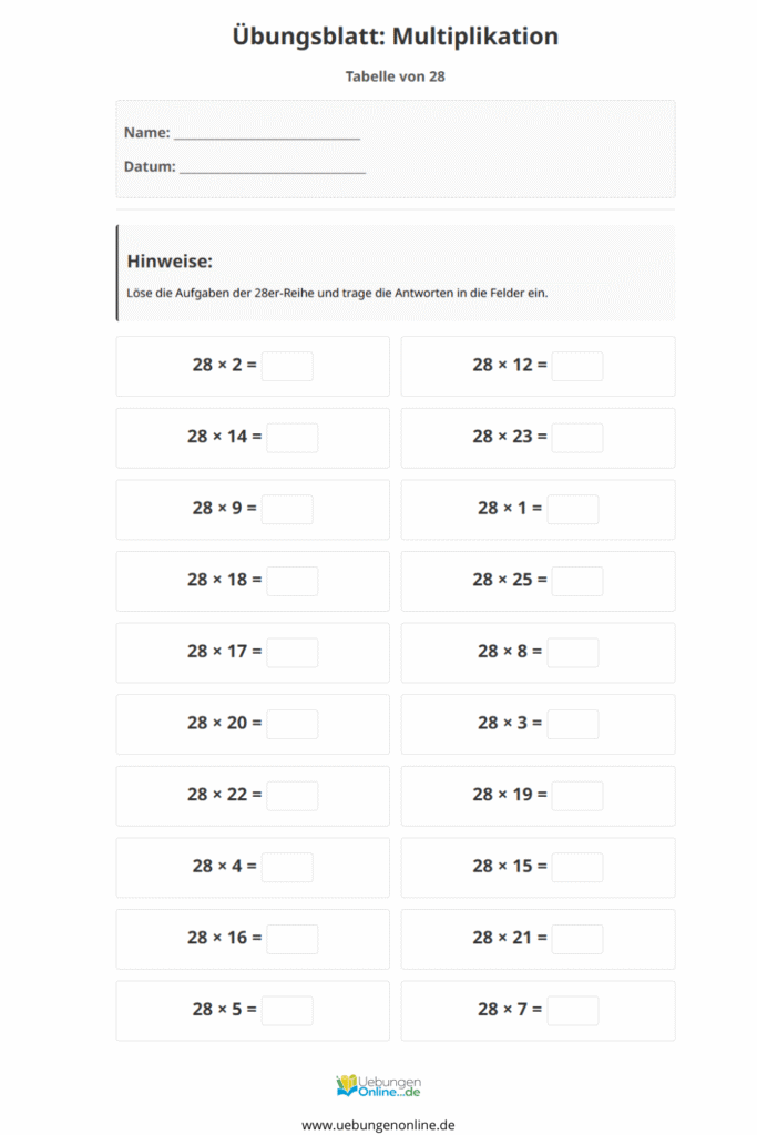 einmaleins 28er reihe