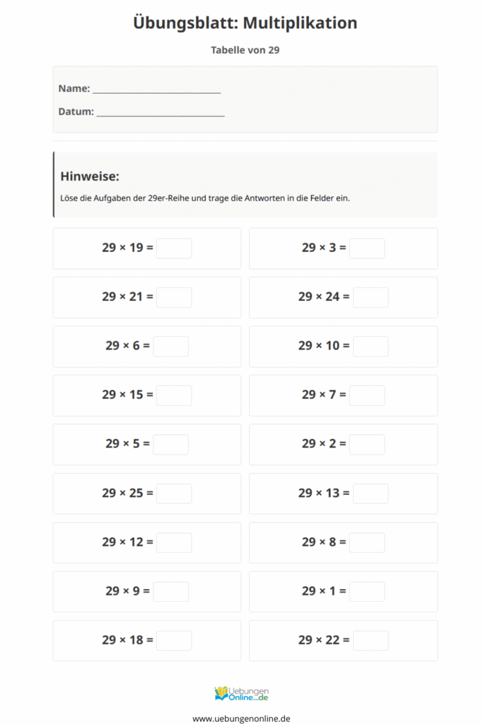 einmaleins 29er reihe