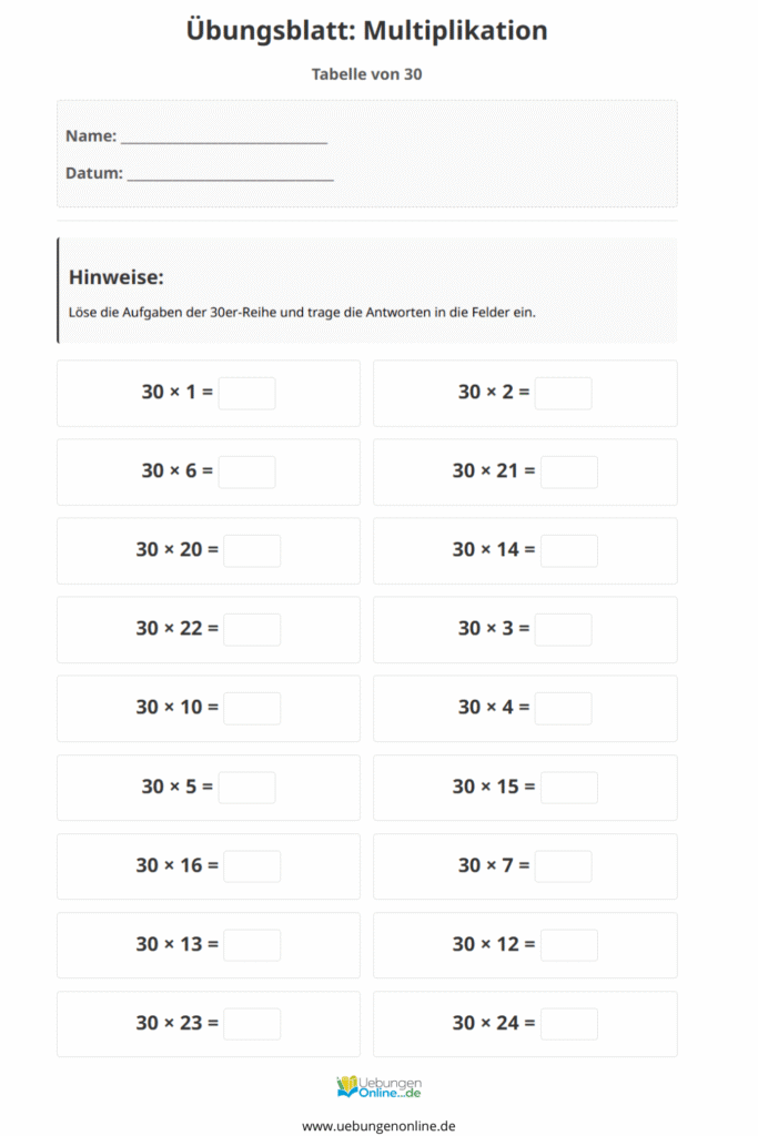 einmaleins 30er reihe