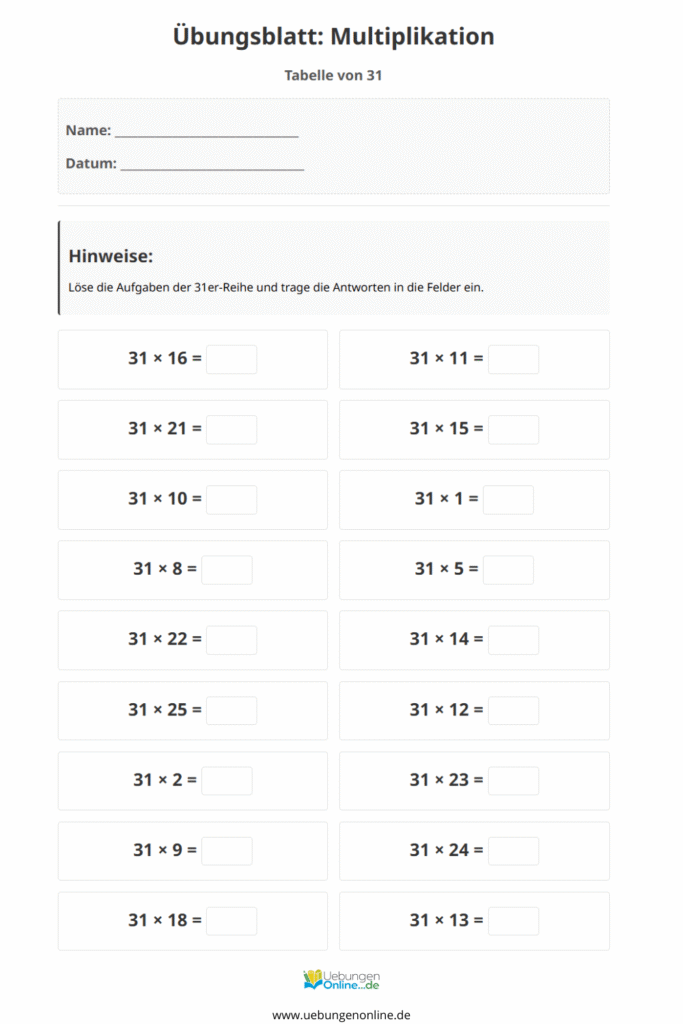 einmaleins 31er reihe
