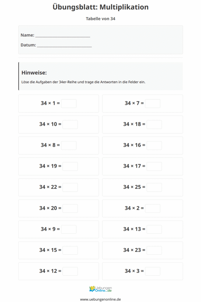 einmaleins 34er reihe