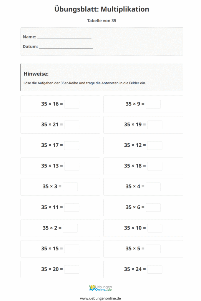 einmaleins 35er reihe