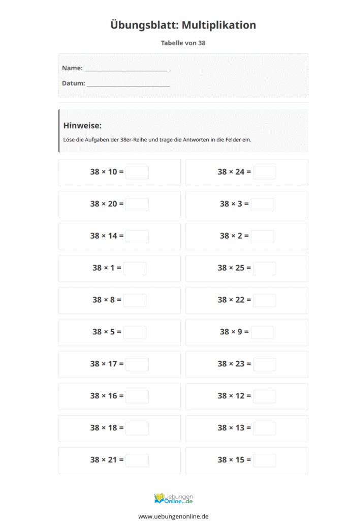 einmaleins 38er reihe