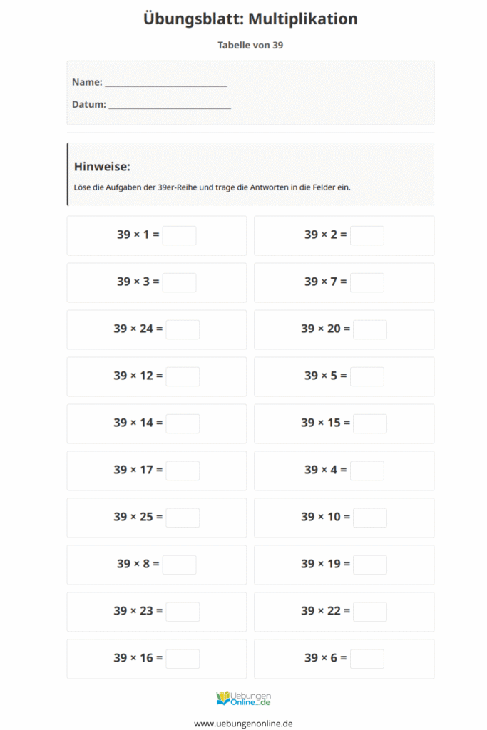 einmaleins 39er reihe