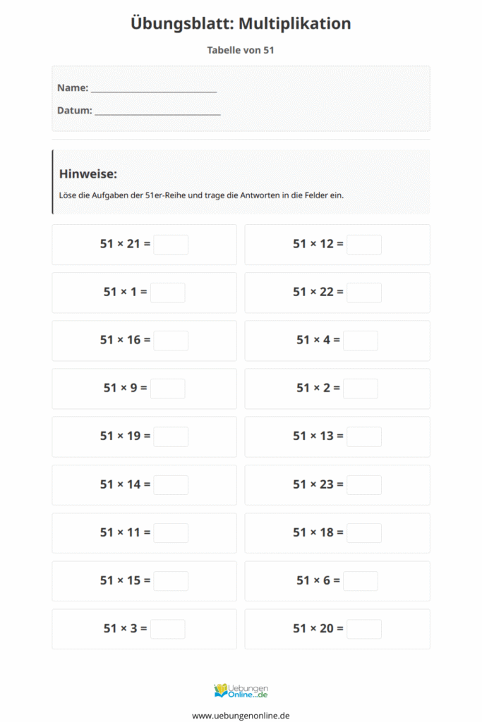 einmaleins 51er reihe