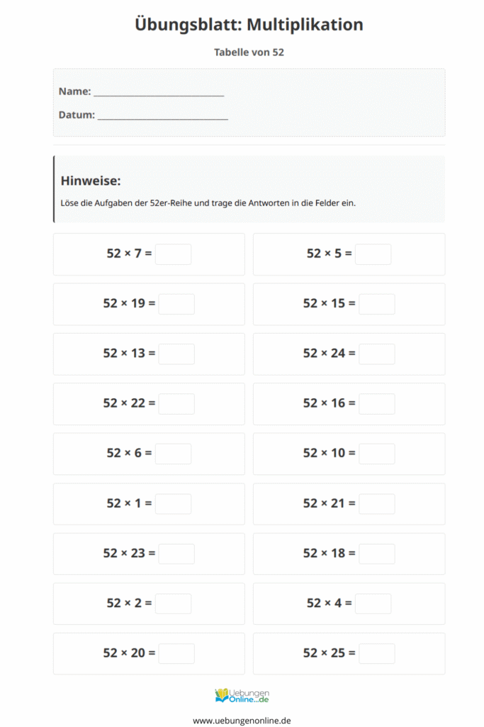 einmaleins 52er reihe