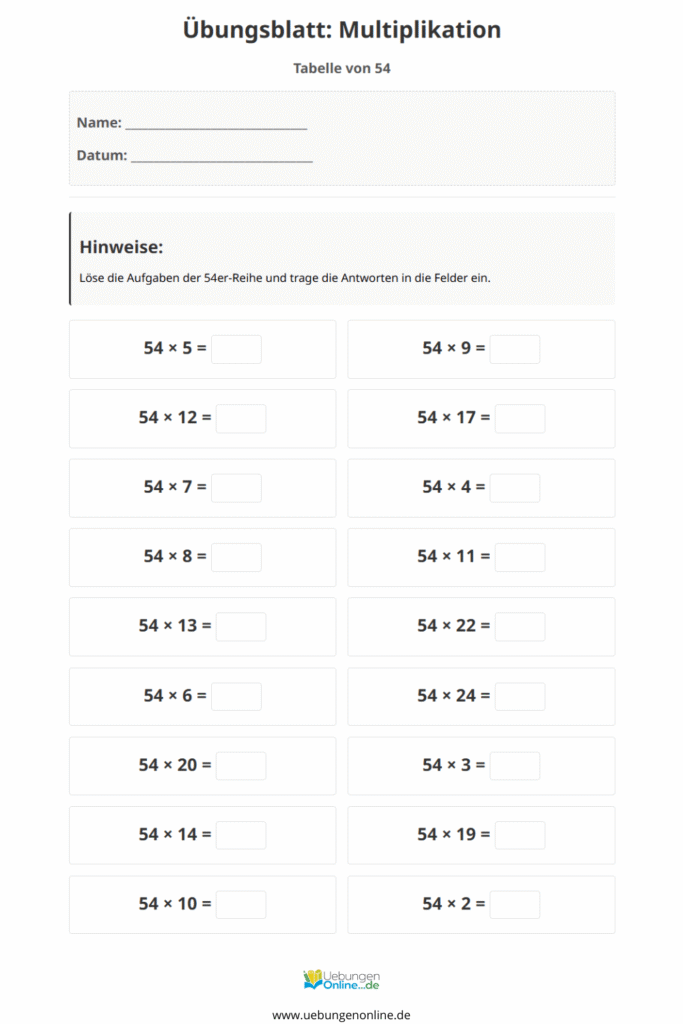 einmaleins 54er reihe