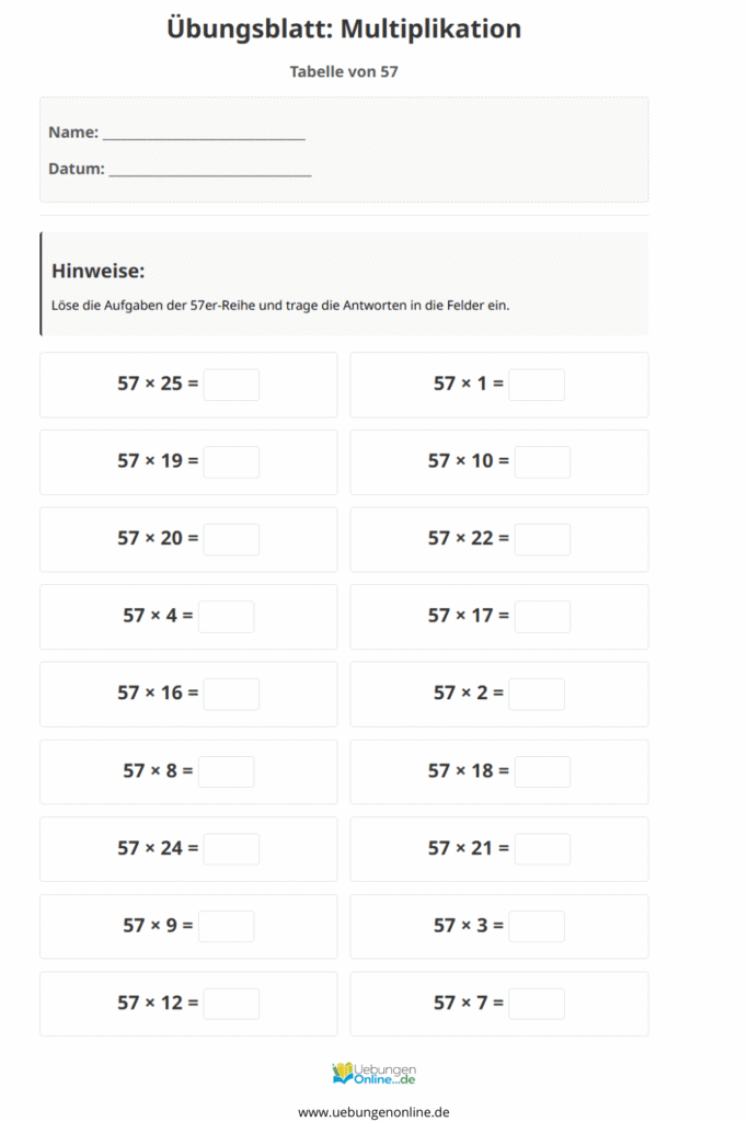 einmaleins 57er reihe