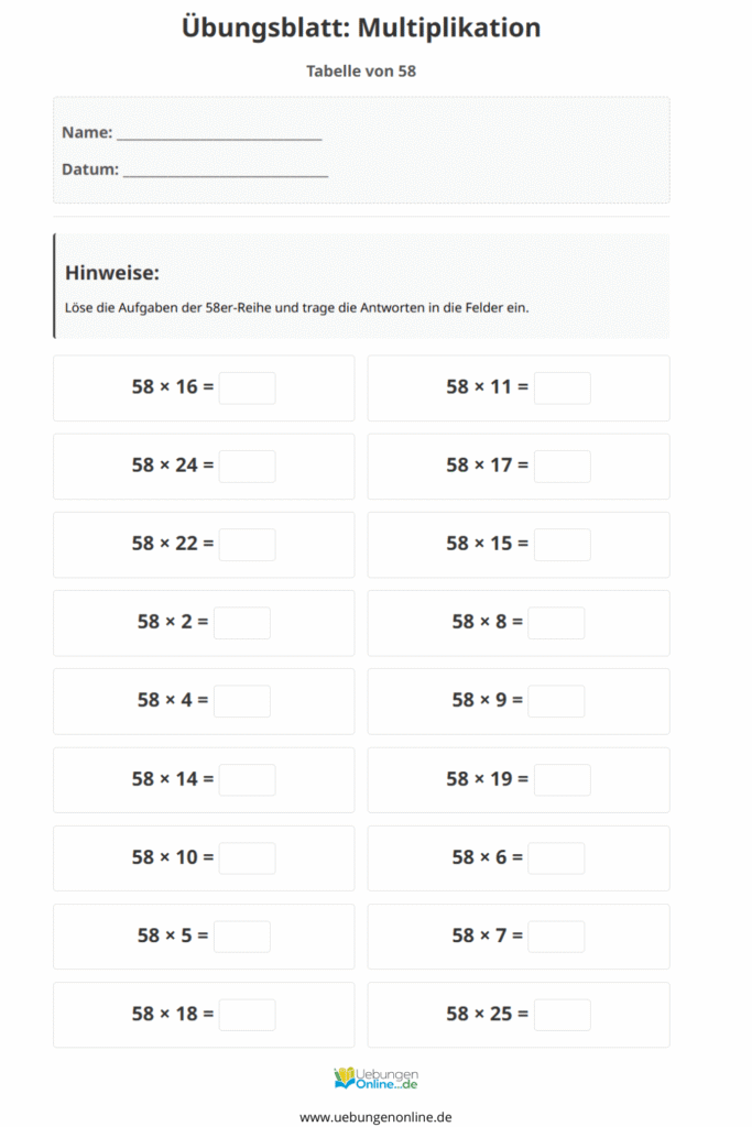 einmaleins 58er reihe
