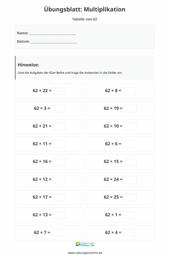 einmaleins 62er reihe