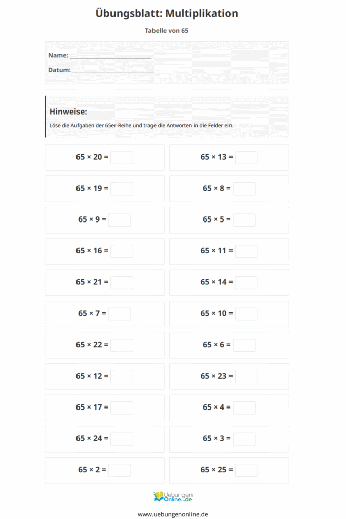 einmaleins 65er reihe