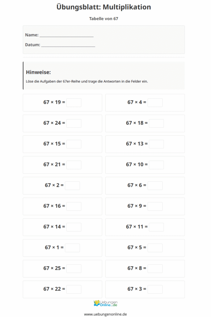 einmaleins 67er reihe