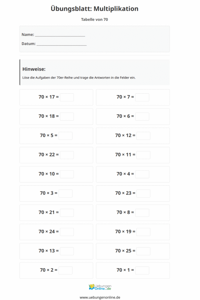 einmaleins 70er reihe