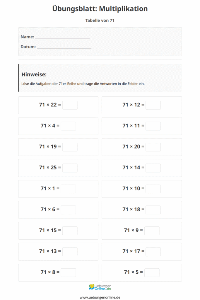 einmaleins 71er reihe
