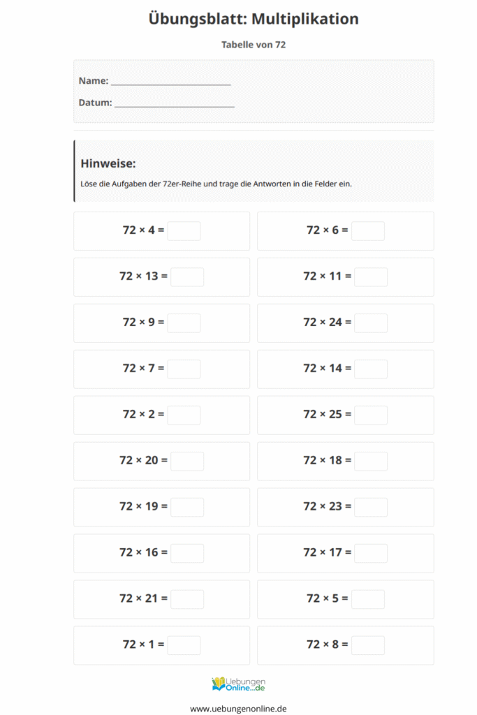 einmaleins 72er reihe