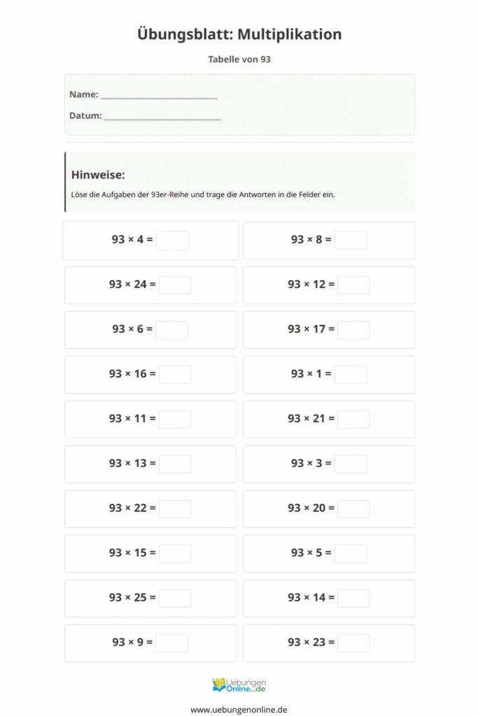 einmaleins 93er reihe