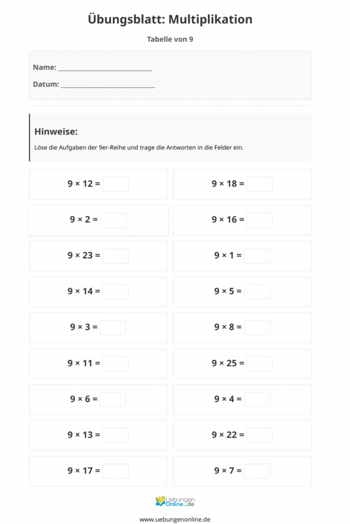 einmaleins 9er reihe