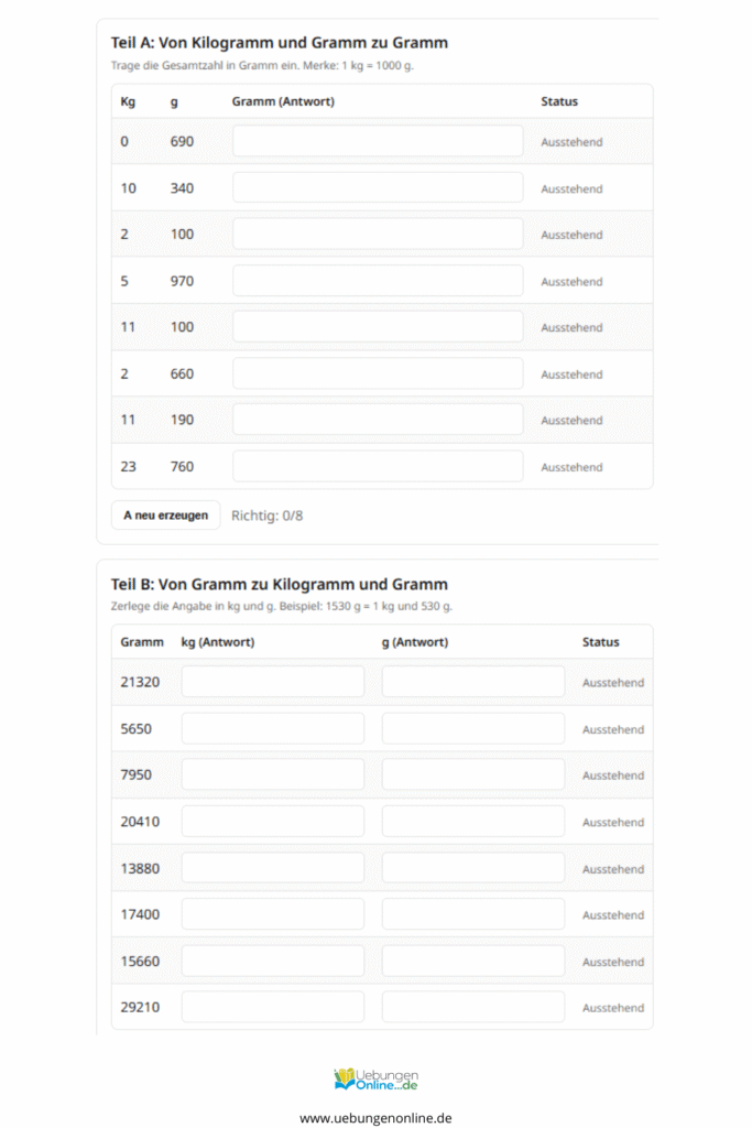 gewichte 3 klasse arbeitsblätter