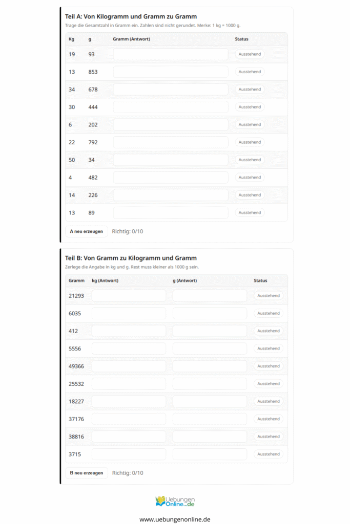 gewichte 4 klasse arbeitsblätter