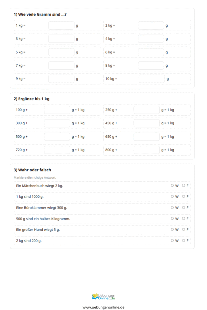 mathe 3 klasse gewichte arbeitsblätter kostenlos