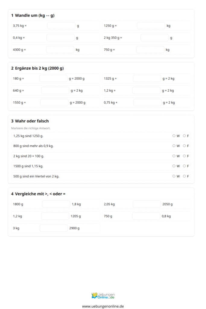 mathe 4 klasse gewichte arbeitsblätter kostenlos