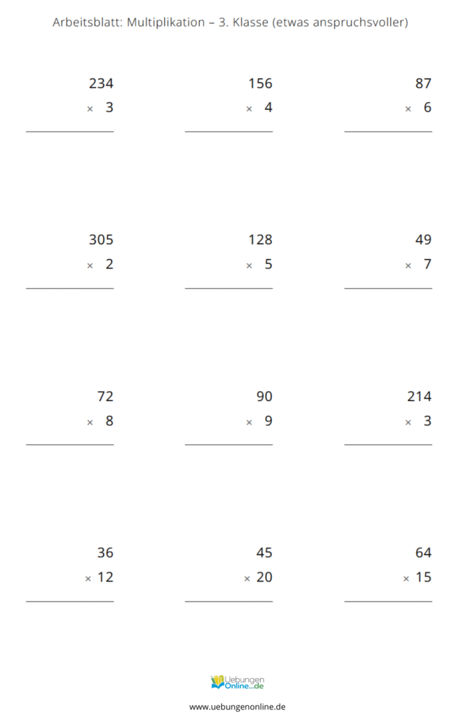 multiplikation 3. klasse arbeitsblätter pdf