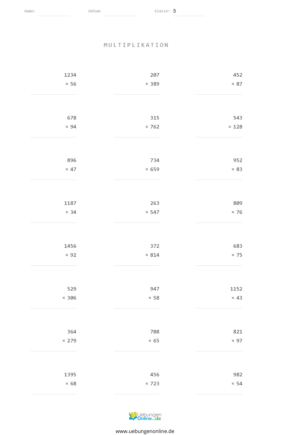 Multiplikation Klasse 5 – Übungen & Arbeitsblätter