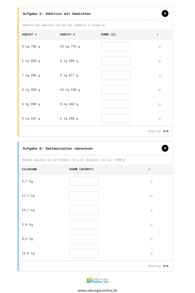 rechnen mit gewichten 4. klasse arbeitsblätter