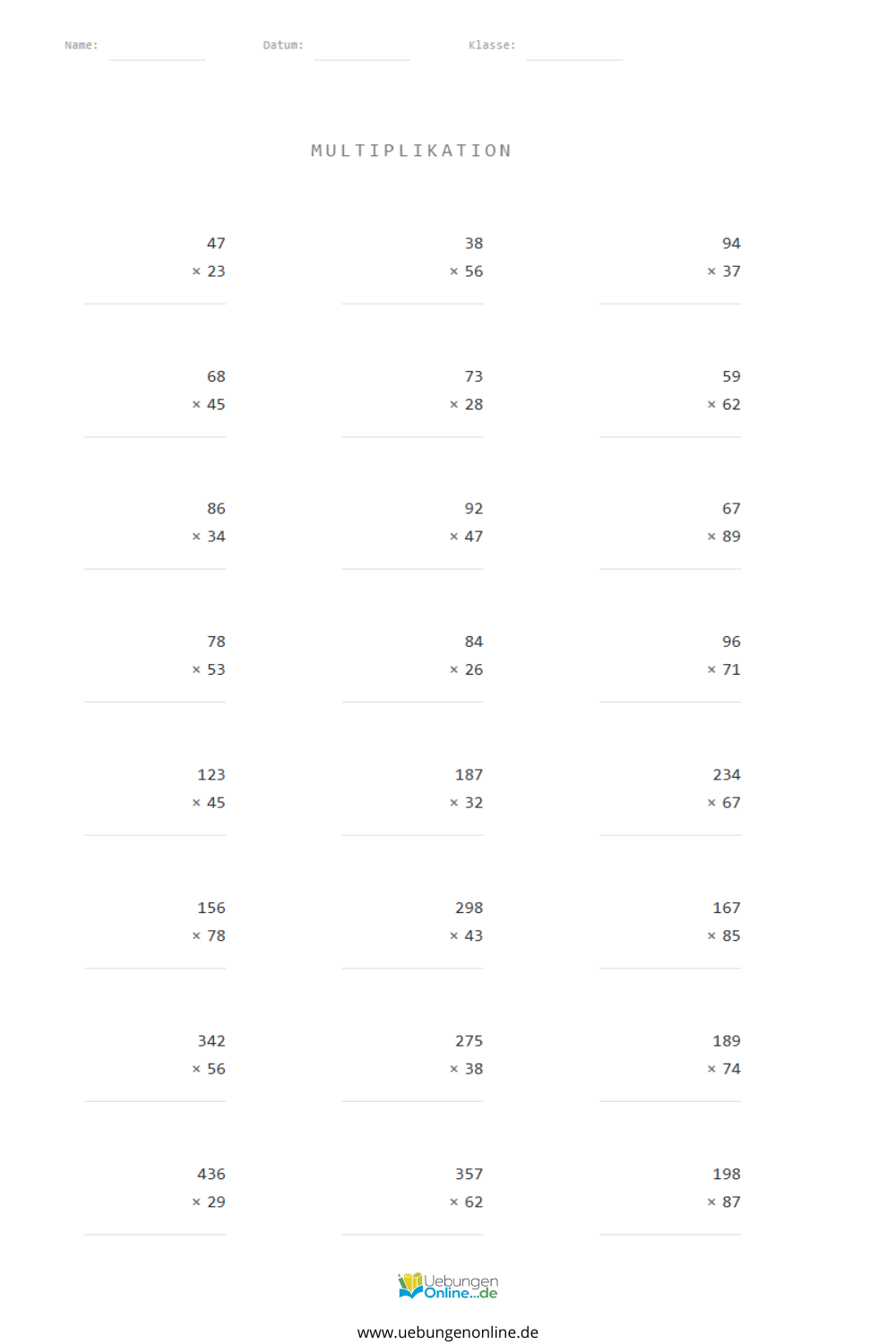 Multiplikation Klasse 4 – Übungen & Arbeitsblätter
