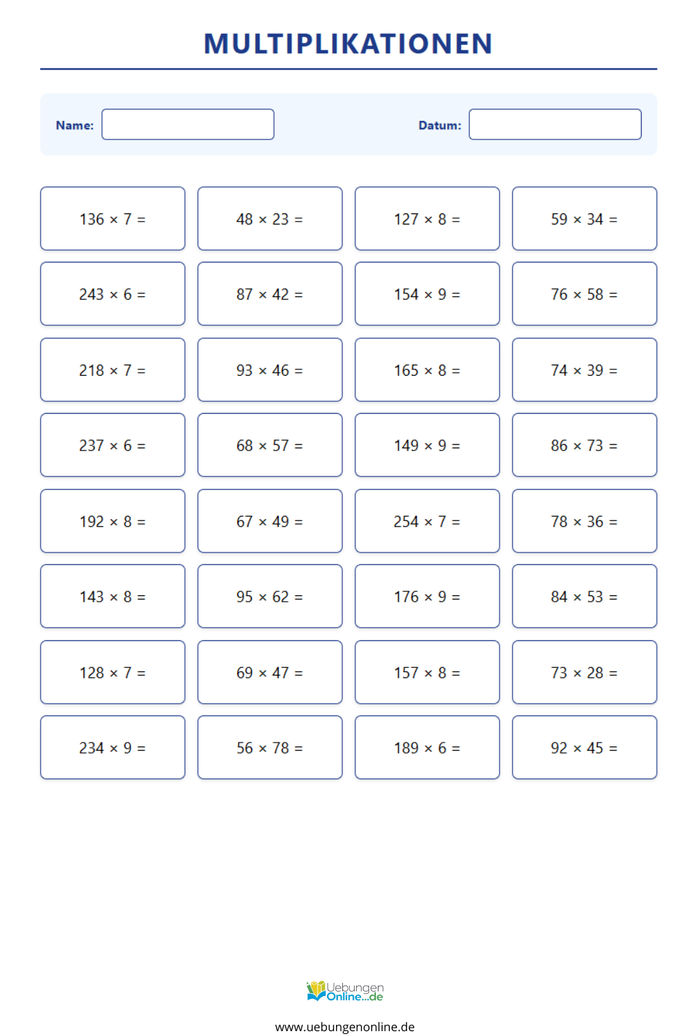 Multiplikation Klasse 4 – Übungen & Arbeitsblätter