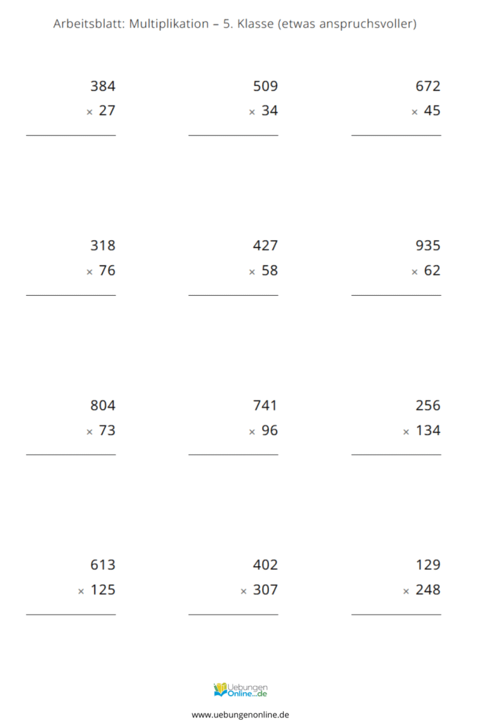 schriftliche multiplikation arbeitsblätter 5. klasse pdf