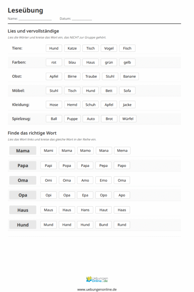 lesen lernen 1. klasse übungen