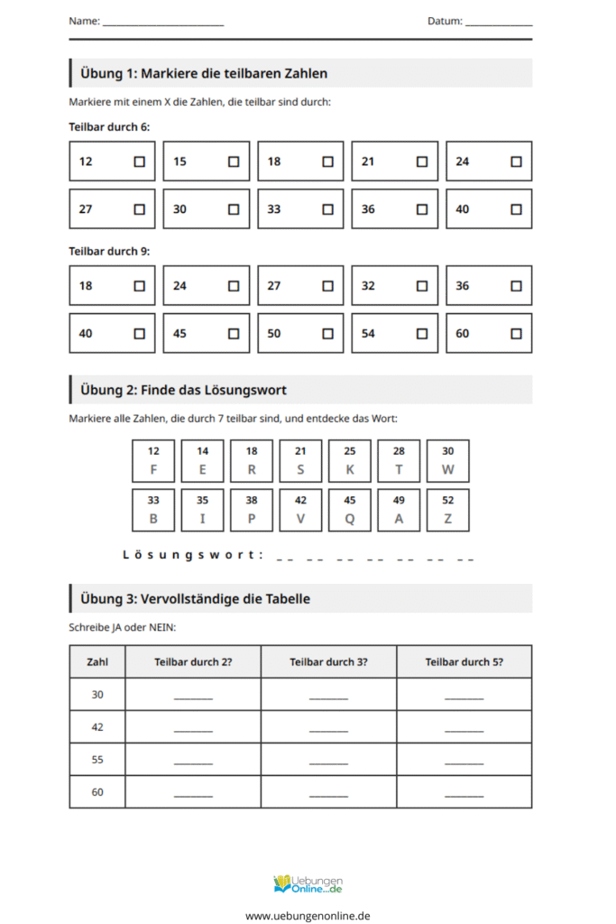 teilbarkeitsregeln 4 klasse arbeitsblätter